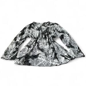 Vintage Jess & Jane Black & White Newspaper Graphic Mesh V Neck Top Size Large